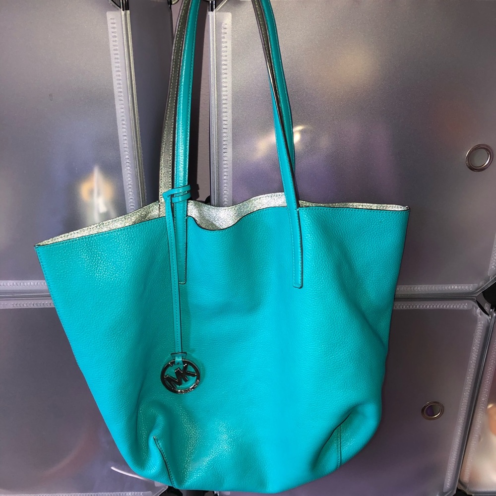 Large Michael Kors Reversible Tote—Teal and Silver
